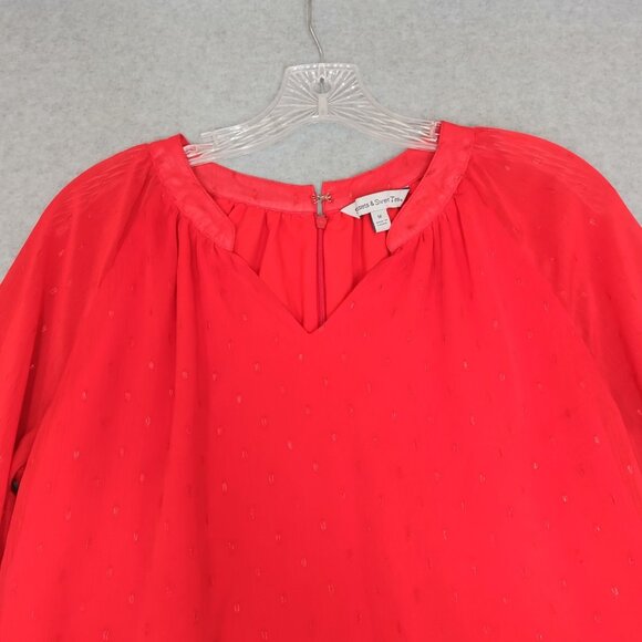 Sunsets & Sweet Tea M Red Chiffon 3/4 Sleeve Ruffle Frill Lined Blouse Top Night - Picture 3 of 12